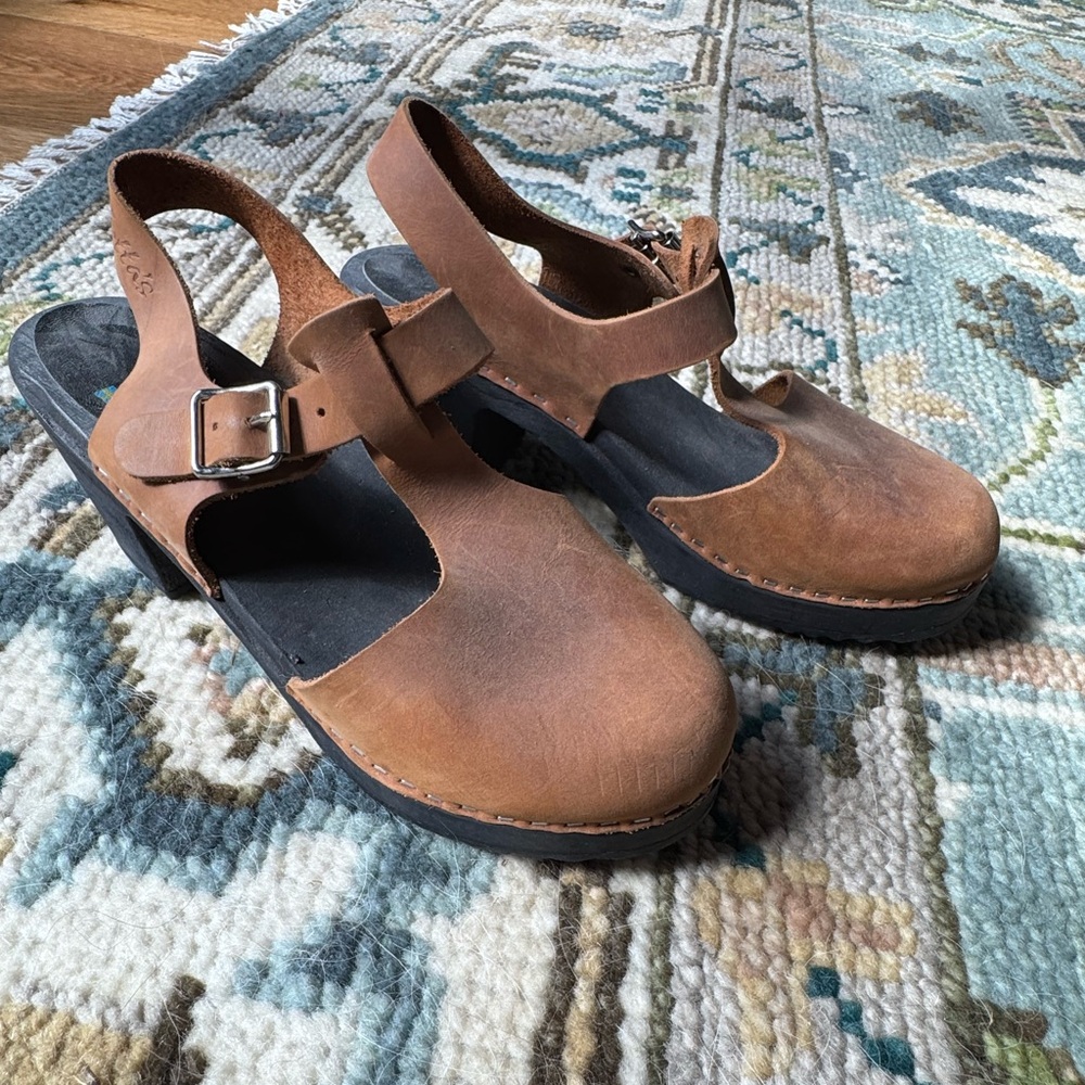 Women's Brown Leather Slingback Clog Sandals